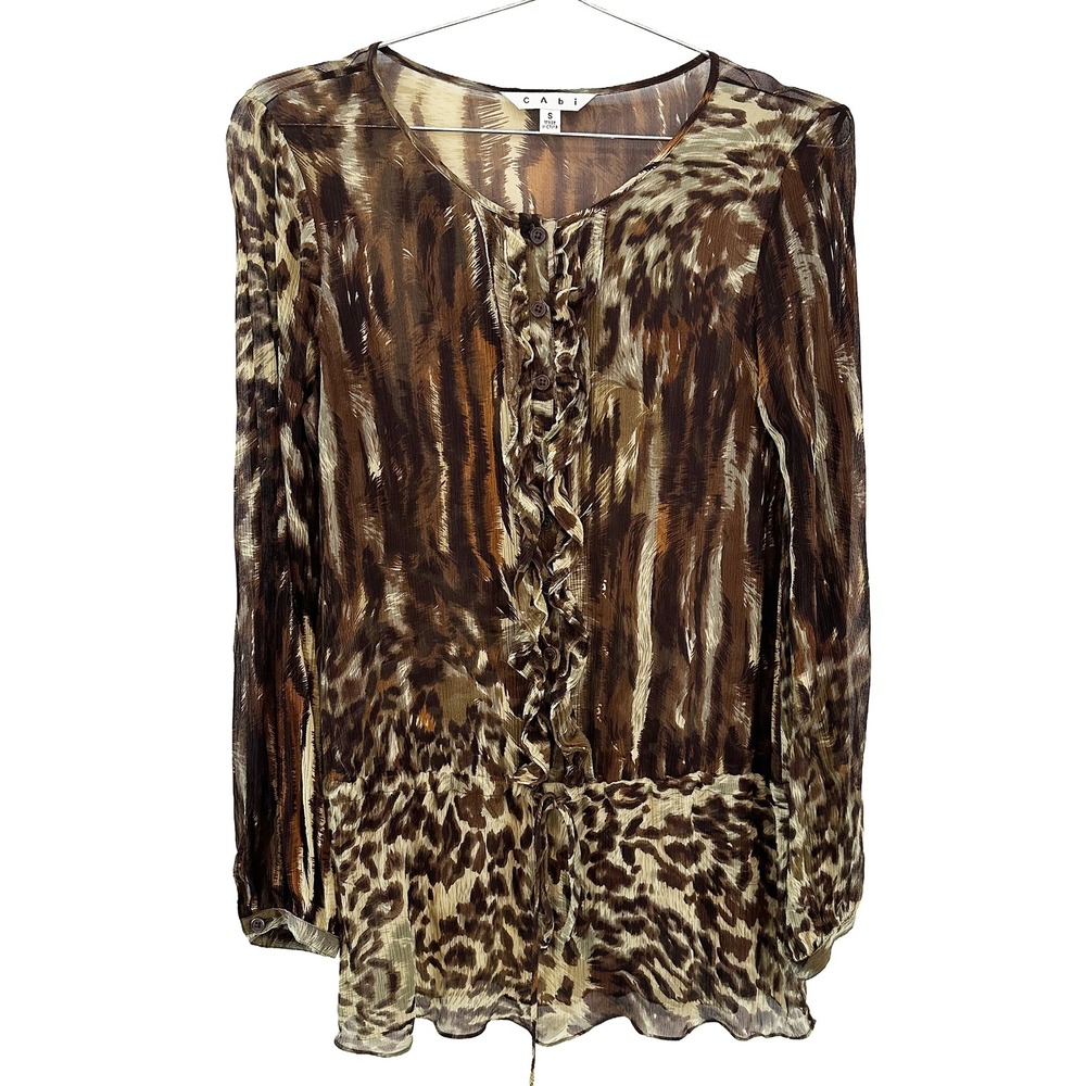 CABI 806 Silk Sheer Leopard Ruffle Button Up Tunic Blouse • Small • brown, boho